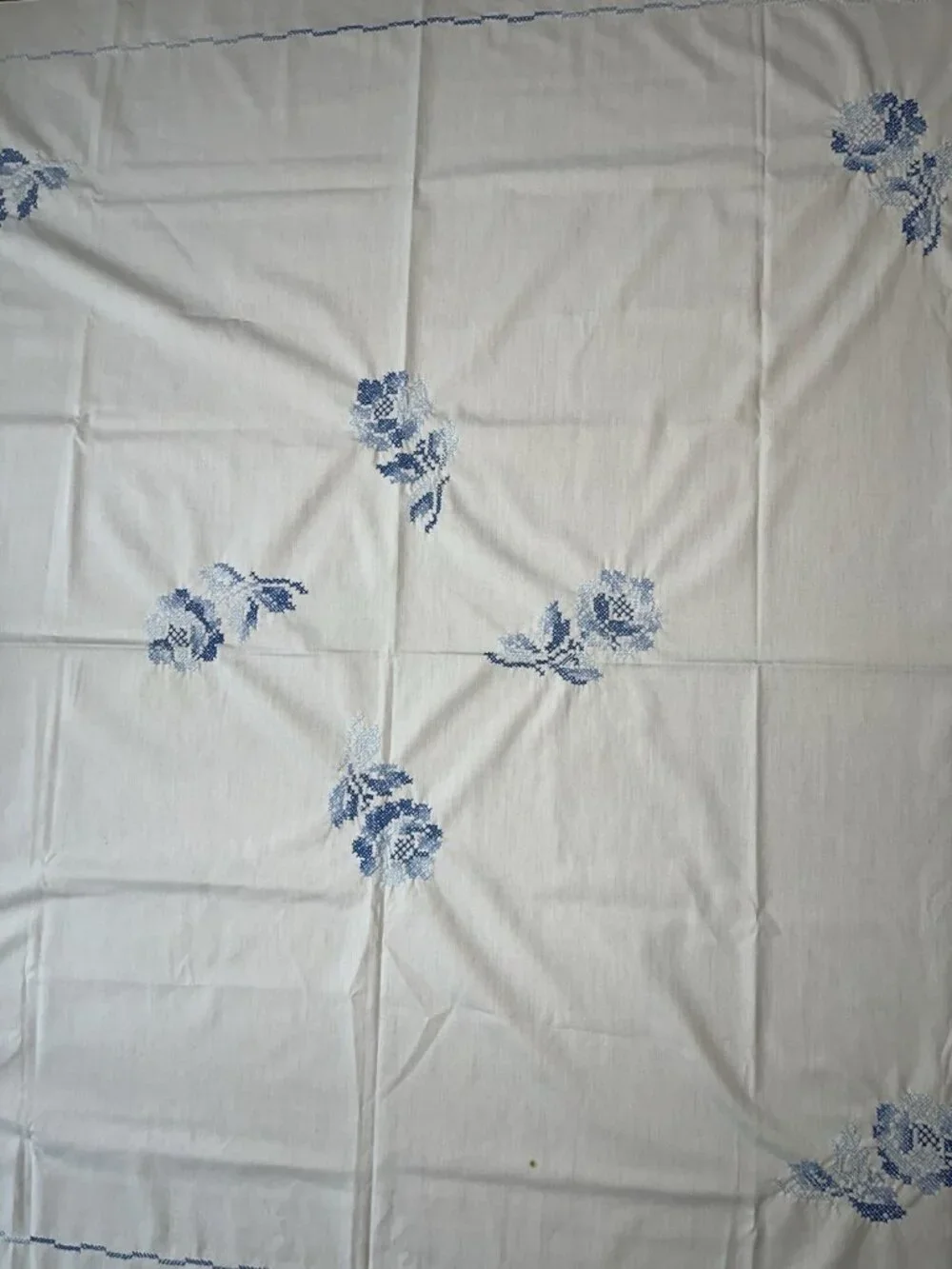 Vtg Cross Stitch White Blue Flowers Tablecloth 50” x 52 